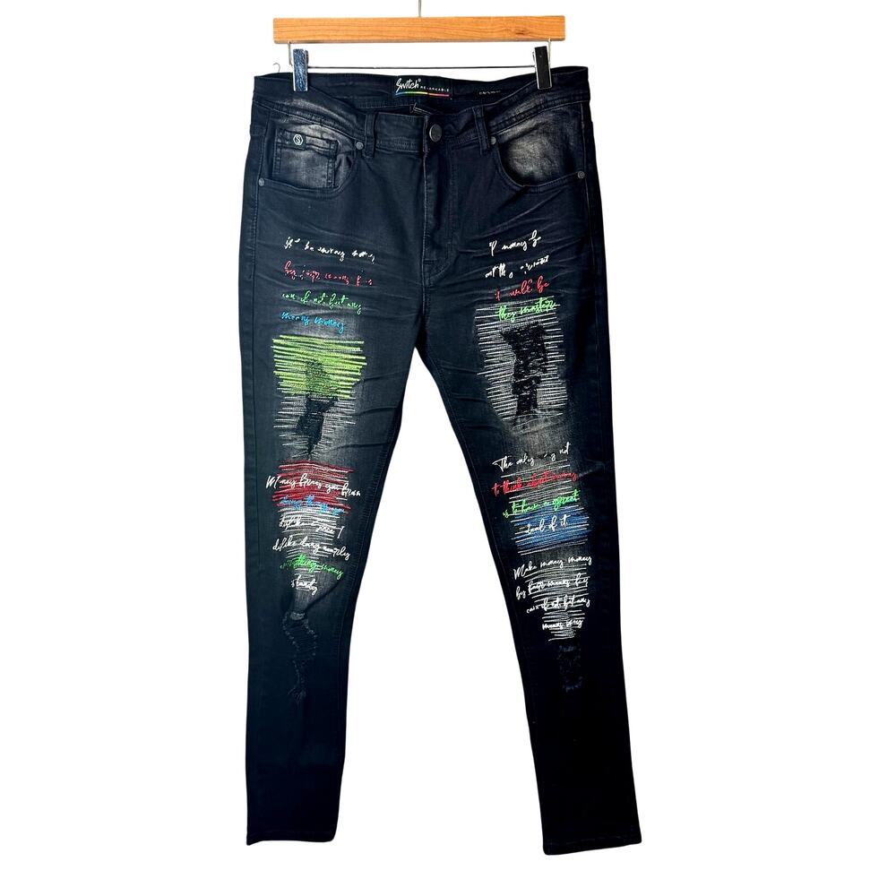 Switch Remarkable Jeans Mens Black Streetwear Graffiti Distressed Skater Grunge